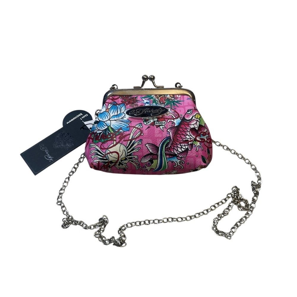 Ed Hardy Pink Mini Kisslock Chain Crossbody Shoulder Bag Coin Purse New